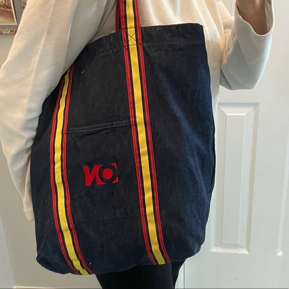 Old Navy Retro Denim Tote 70s 80s Throwback Grosgrain Ribbon Trim & Handles - Picture 15 of 15